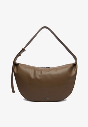 Braune, sichelförmige Schultertasche mit verstellbarem Riemen und Reißverschlussverschluss, mit einem kleinen Metall-"G-STAR"-Logo auf der Vorderseite.