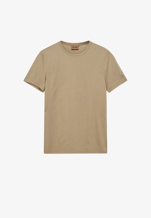 Beige bomulds t-shirt med korte ærmer, rund hals og en glat tekstur. Ingen synlige mønstre eller udsmykninger. Lige skåret kant.