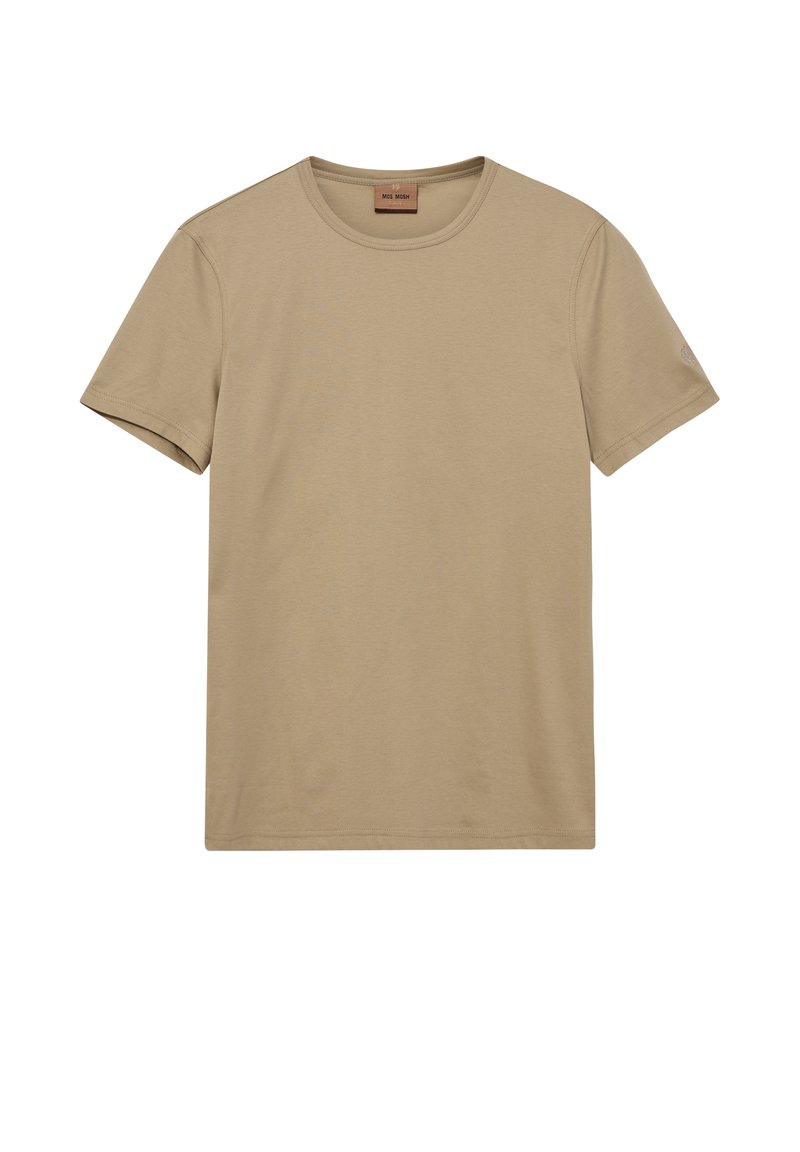 Beige bomulds t-shirt med korte ærmer, rund hals og en glat tekstur. Ingen synlige mønstre eller udsmykninger. Lige skåret kant.