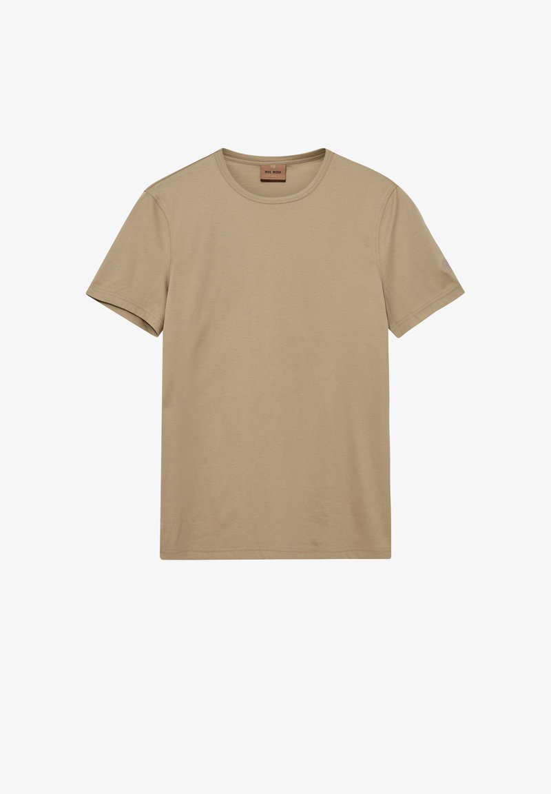 Beige bomulds t-shirt med korte ærmer, rund hals og en glat tekstur. Ingen synlige mønstre eller udsmykninger. Lige skåret kant.