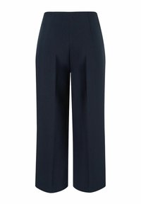 Marineblauwe wijde broek gemaakt van gladde stof met een tailored ontwerp, met scherpe plooien en een hoge taille. Flared zoom.