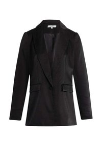 Blazer negro con un acabado texturizado, cierre de un solo botón, dos bolsillos frontales y un diseño estructurado con solapas en pico.