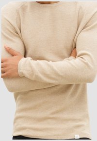 Beige Langarmoberteil mit strukturiertem Gewebe, rundem Ausschnitt und eng anliegenden Bündchen, das einen glatten, weichen Stoff präsentiert. Kleines Logo am Saum.