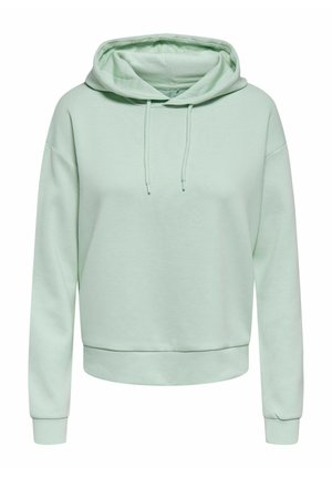 Mintgroene hoodie gemaakt van zachte stof, met een grote capuchon, trekkoorden, lange mouwen en een losse pasvorm met een geribde zoom.