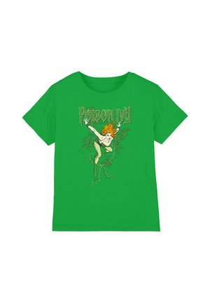 Green t-shirt with illustration of a red-haired woman in green costume surrounded by ivy vines and the text "Poison Ivy" above her.