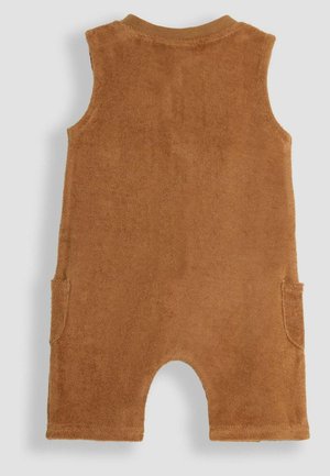 Bruine badstof zonder mouwen romper met twee zijzakken en een ronde halslijn. Zachte textuur en een open beenontwerp voor comfort.