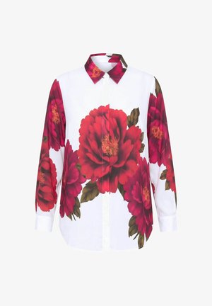 Weißes, langärmliges Hemd mit Knopfleiste, großem roten und rosa Blumenmuster sowie grünen Blättern, die Vorderseite, Ärmel und Kragen bedecken.