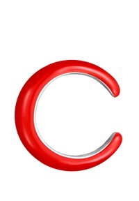 Rød halvmåneformet genstand med en blank overflade og sølvfarvede detaljer langs den indre kant, der har et glat, buet design.