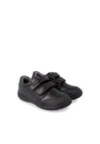 Zapatos de cuero negro con acabado texturizado, que cuentan con dos correas de Velcro y una suela de goma diseñada para la comodidad y estabilidad.