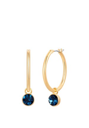 Gold hoop earrings with a small round deep blue gemstone charm hanging from each hoop.