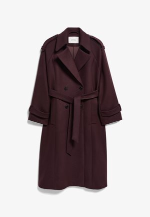 Double-breasted, dark purple wool coat with wide lapels, belted waist, cuffed sleeves, and shoulder epaulets, displayed flat on white background.