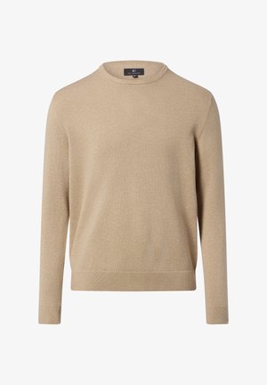 Beiger Strickpullover mit Rundhalsausschnitt, langen Ärmeln sowie gerippten Bündchen und Saum. Weiche Textur mit lässigem Design.