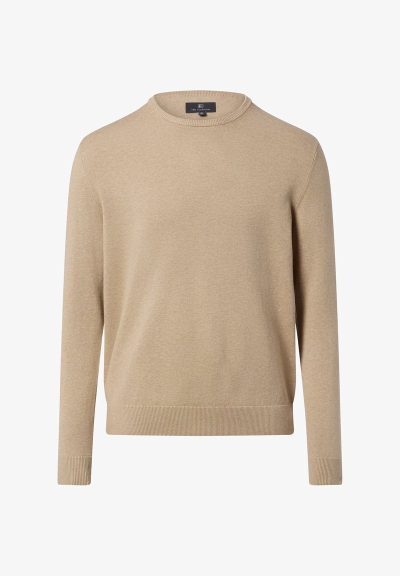 Beżowy sweter dzianinowy z okrągłym dekoltem, długimi rękawami oraz ściągaczami na rękawach i u dołu. Miękka faktura i casualowy design.