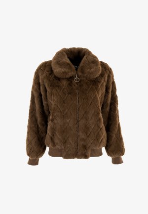 Giacca in pelliccia sintetica marrone con motivo a rombi, colletto ampio, zip frontale e polsini e orlo a costine per una vestibilità aderente.