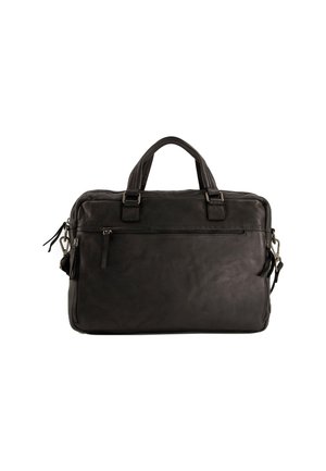 Sort læder laptop taske med dobbelt top håndtag, lynlåslukning, frontlomme og aftagelig skulderrem. Glat tekstur, rektangulær form.