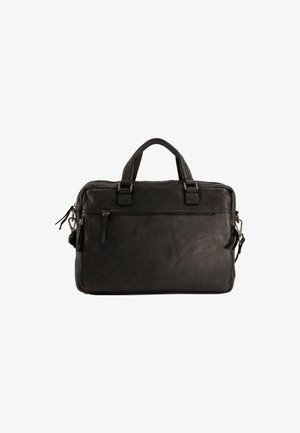 Sort læder laptop taske med dobbelt top håndtag, lynlåslukning, frontlomme og aftagelig skulderrem. Glat tekstur, rektangulær form.