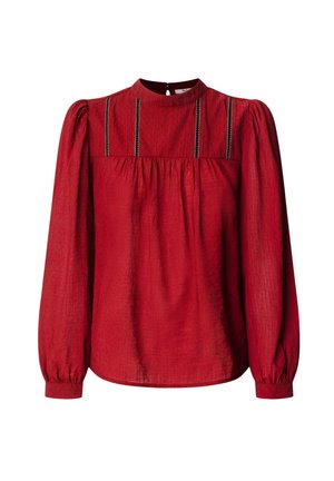 Rode blouse met lange mouwen en hoge hals, van gestructureerde stof, met verticale stiksels en geplooide details bij de buste.