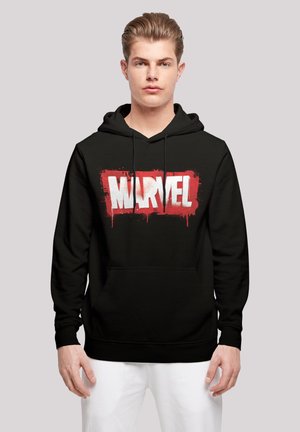 Black hoodie made of cotton, featuring a large red and white "MARVEL" logo with a textured effect centered on the front. Adjustable hood with drawstrings.