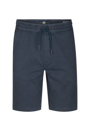 Granatowe szorty wykonane z miękkiego materiału, wyposażone w elastyczną talię ze sznurkiem, boczne kieszenie oraz luźny krój zapewniający komfort.