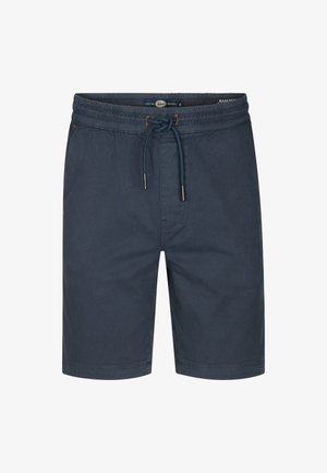 Granatowe szorty wykonane z miękkiego materiału, wyposażone w elastyczną talię ze sznurkiem, boczne kieszenie oraz luźny krój zapewniający komfort.