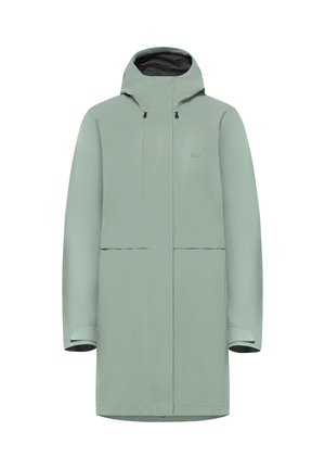 Hellgrüner, wasserdichter Parka mit Kapuze, langen Ärmeln und vorderen Taschen, entwickelt zum Schutz bei Außeneinsätzen.