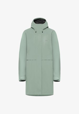 Parka imperméable à capuche vert clair avec manches longues et poches avant, conçue pour la protection contre les intempéries en extérieur.