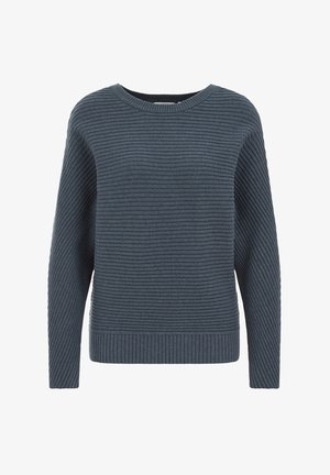 Tumesinine ribaga sviiter pikkade varrukatega, ümmargune kaelus ja tekstureeritud kangas. Omab horisontaalset ribastust ja sirget äärt.