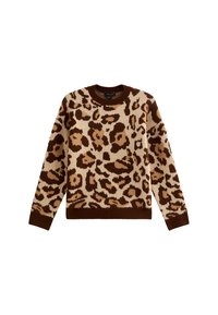 Jersey de punto marrón y beige con diseño de estampado de leopardo, cuello redondo y mangas largas con puños y bajo acanalados.