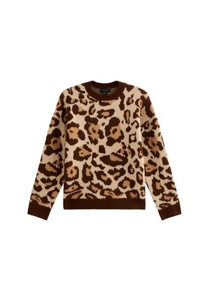 Jersey de punto marrón y beige con diseño de estampado de leopardo, cuello redondo y mangas largas con puños y bajo acanalados.