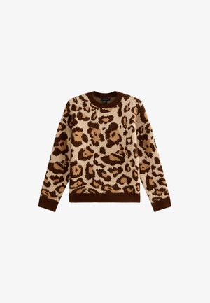 Jersey de punto marrón y beige con diseño de estampado de leopardo, cuello redondo y mangas largas con puños y bajo acanalados.