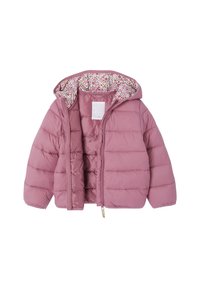 Rosa Pufferjacke mit Kapuze, mit einem floral gemusterten Futter, Reißverschluss und gestepptem Design. Weicher Stoff und leichtes Material.