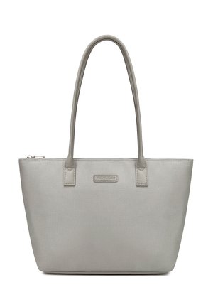 Graue strukturierte Tote-Tasche mit langen Griffen und einem oberen Reißverschluss, mit einem kleinen rechteckigen Logo-Patch in der vorderen Mitte.