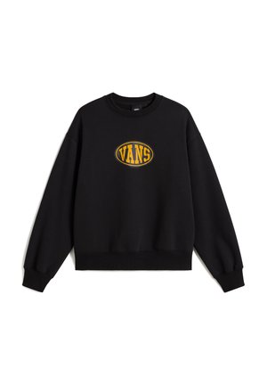 Sudadera negra de manga larga con cuello redondo y el logo ovalado amarillo de Vans centrado en el pecho.