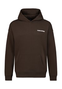 Brauner Kapuzenpullover aus weichem Material, mit einer vorderen Tasche und einem weißen "WORLDWIDE"-Logo auf der linken Brust. Klassische Passform mit gerippten Bündchen.