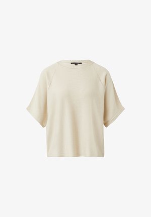 Crème-kleurige sweater met korte mouwen, een ronde hals, geribbelde randen en subtiele textuur, met raglanmouwen en kleine perforaties.