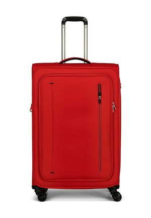 Valise rigide rouge avec une poignée en aluminium robuste, des roues à roulement fluide, une poche zippée à l'avant et une surface texturée.