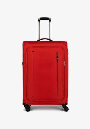 Valise rigide rouge avec une poignée en aluminium robuste, des roues à roulement fluide, une poche zippée à l'avant et une surface texturée.