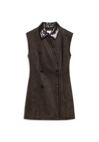 Braune, doppelt geknöpfte Weste aus weichem Wildleder mit glänzendem, krokodilgeprägtem dunklen Kragen. Verfügt über schwarze Knöpfe und hat keine Ärmel.