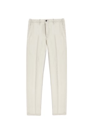 Light beige chinos with a straight-leg cut, featuring two front pockets, a single back pocket, and a black button closure at the waist.