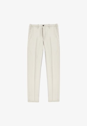 Licht beige chinos met een rechte pijp, voorzien van twee voorzakken, een enkele achterzak en een zwarte knoopsluiting bij de taille.