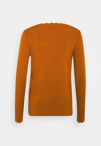 Pull à manches longues en orange brûlé, avec une texture côtelée et un col festonné. Tissu lisse avec une coupe ajustée et une couleur unie.