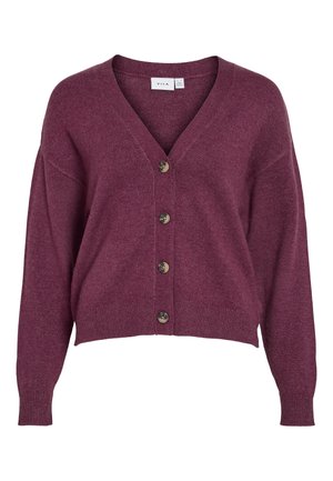 Burgunderfarget kort cardigan med V-hals, fem brune knapper og lange ermer med ribbestrikkede mansjetter og hem i myk strikket materiale.