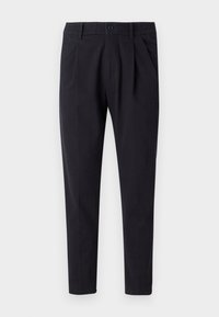 Black tailored trousers with a button closure, elastic waistband, and side pockets. Fabric has a smooth texture and a modern cut.