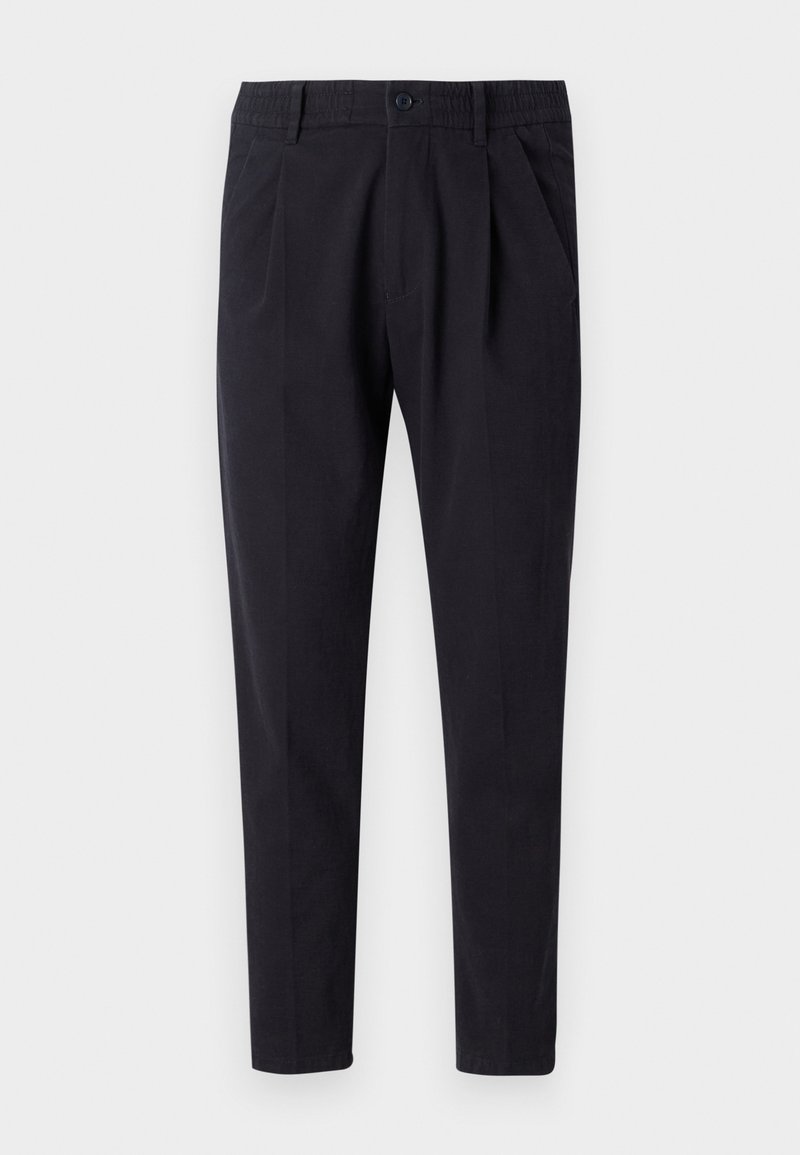 Black tailored trousers with a button closure, elastic waistband, and side pockets. Fabric has a smooth texture and a modern cut.