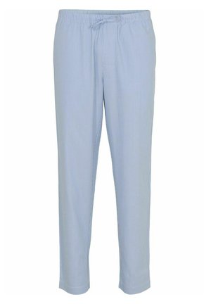 Pantaloni a righe azzurri chiari con vita elastica e cordino. Realizzati in tessuto morbido, presentano gamba dritta e vestibilità rilassata.