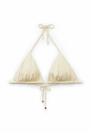 Haut de bikini couleur crème avec un design triangulaire, tissu froncé, liens réglables au cou et dans le dos, agrémenté d'accents en métal doré.