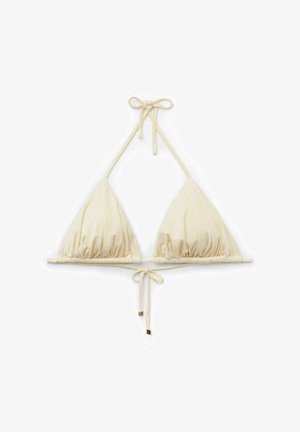 Krämfärgad bikiniöverdel med triangulär design, samlad tyg, justerbara snören i nacke och rygg, avslutad med detaljer i guldton.