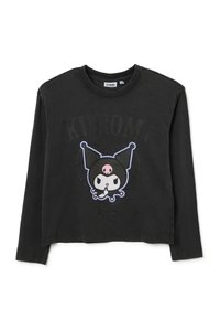 Chemise noire à manches longues en coton, avec un graphisme de personnage de dessin animé à accent rose sur la poitrine et un col rond.