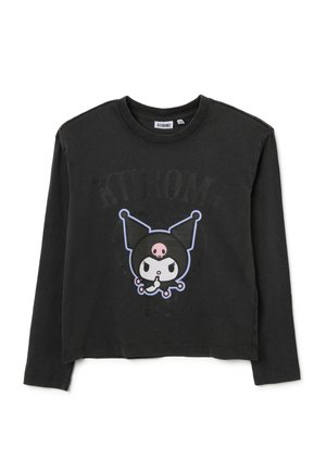 Zwarte lange mouwen shirt van katoen, met een cartoonfiguur grafiek met een roze accent op de borst en een ronde halslijn.
