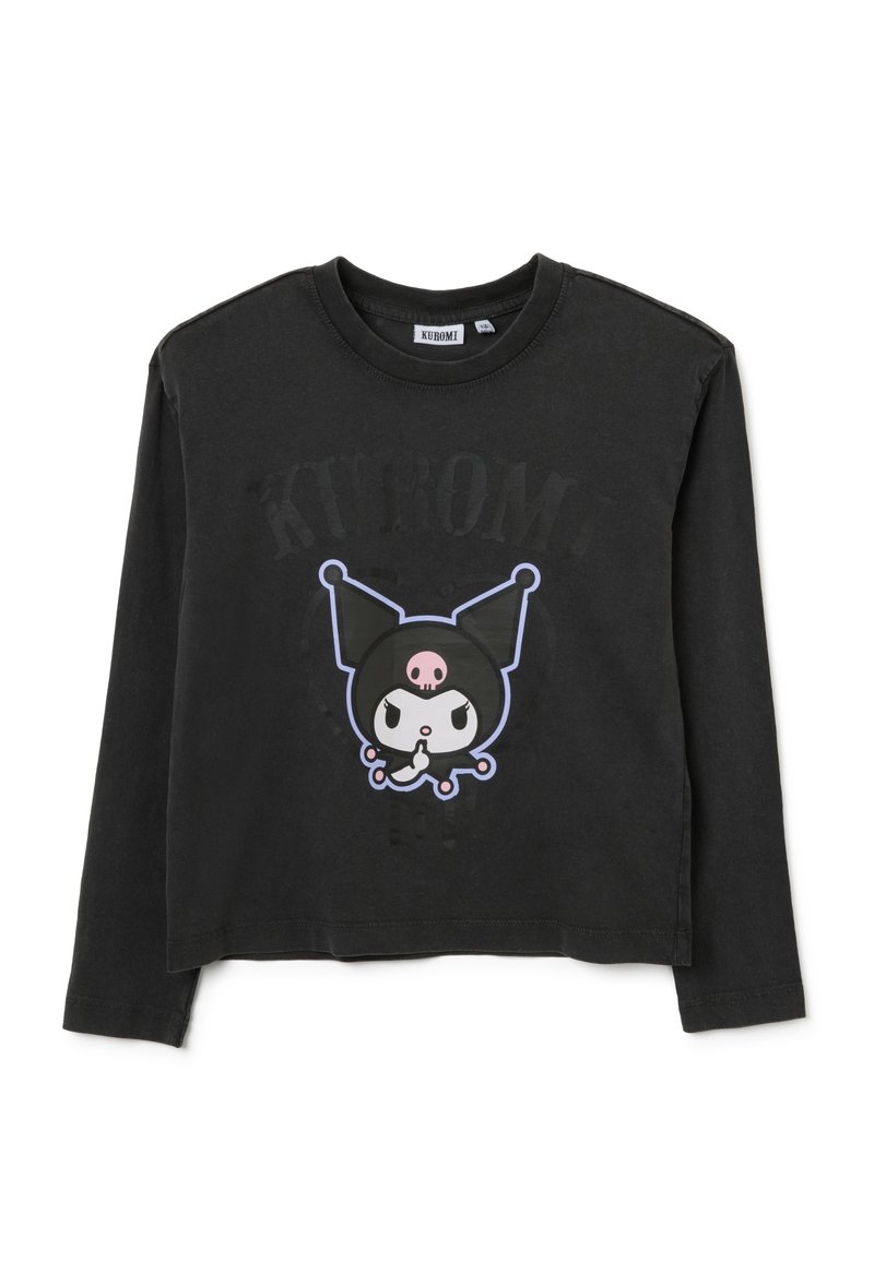 Chemise noire à manches longues en coton, avec un graphisme de personnage de dessin animé à accent rose sur la poitrine et un col rond.